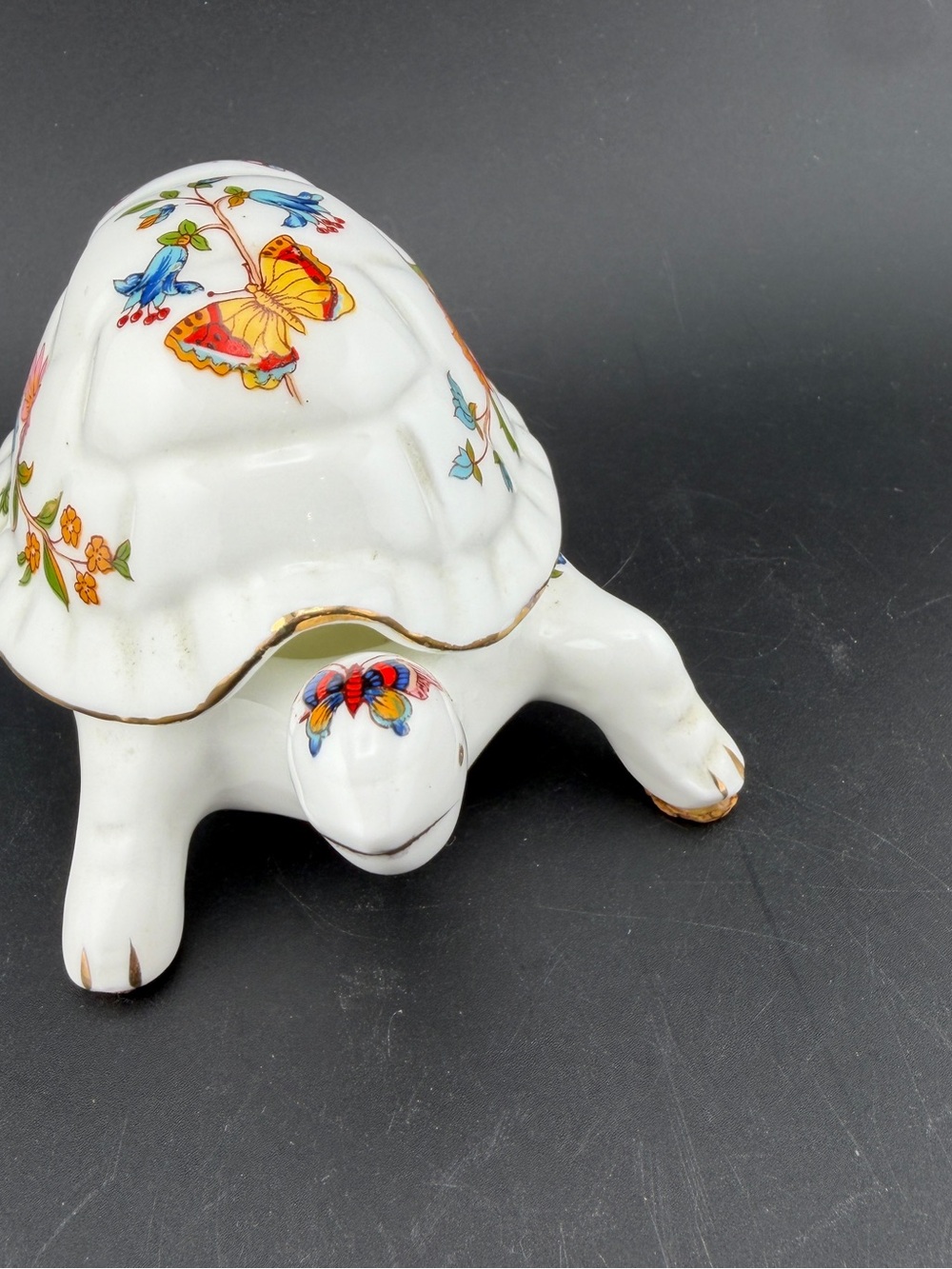 Vintage Ardalt Bone China White Turtle Trinket Box Taiwan Floral Butterfly 5”